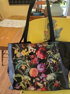 Elliott Lucca Black Floral Tote with Multicolor Bouquet